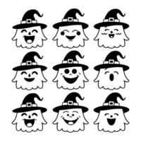 Set of Halloween ghost faces with witch hats showing various happy expressions in black and white vector