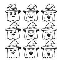 Set of Halloween ghost faces with witch hats showing various happy expressions in black and white vector
