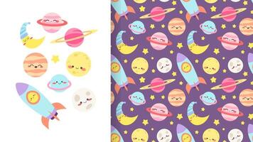 Kawaii pattern for babies with planets, stars and crescent moon with cute faces. Seamless pattern in pastel colors for baby sleep, pajamas, bedding vector