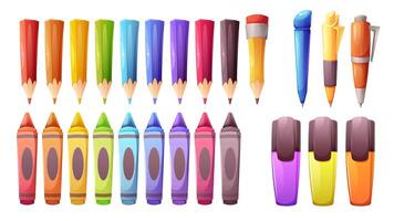 Cartoon writing utensils for school. Multicolored pencils, simple pencil, wax crayons, pens and highlighters. elements on white background vector
