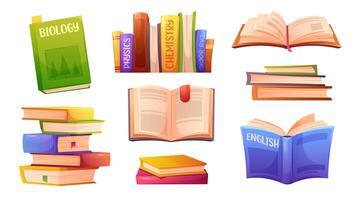 Set of school and student books, textbooks. Stack of books, bookshelf, open books. icons vector