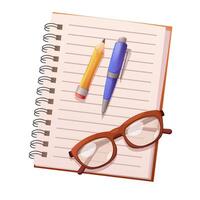 Spring-loaded notepad with note strips, pen, pencil and glasses. Business notebook, student's notepaper, top view. icon vector