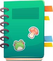 Notepad on springs for student, schoolchild with bookmarks and kawaii stickers of frog, mushroom. cartoon icon on white background vector