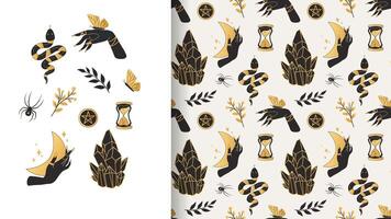 Seamless boho mystique pattern. Esoteric ornament in gold and black. Witchcraft, Halloween vector