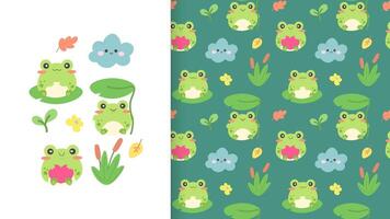 Seamless pattern with cute kawaii frogs. Kids ornament for textiles, fabrics, clothes. illustration with elements for design vector