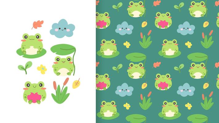 Seamless pattern with cute kawaii frogs. Kids ornament for textiles, fabrics, clothes. illustration with elements for design