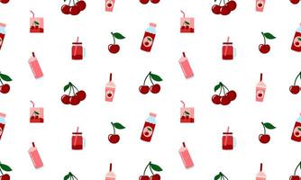 Cherry berry drink seamless pattern. Summer refreshing drinks, juice, milkshake, bubble tea with the taste of Cherry. Flat illustration isolated on white background vector