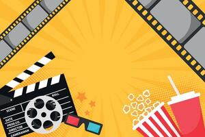 Cinema movie banner with pop art style elements. Popcorn bucket, cold drink soda with straw, clapper board, film reel and 3d glasses. Movie film premiere template vector