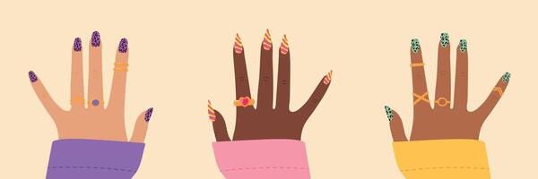 Set of women hands with animal print nail design. Leopard and zebra pattern nail art. Bright colorful manicure design vector
