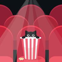 Frightened black cat hiding in popcorn bucket in movie theater. Cat watching a movie in movie hall with red seats and spotlight. Cute cartoon character. illustration vector