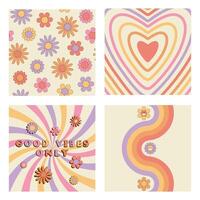 Set of groovy retro style cards with hippie symbols. Good vibes only slogan, daisy flowers seamless pattern, heart, sunburst, twisted waves and peace sign vector
