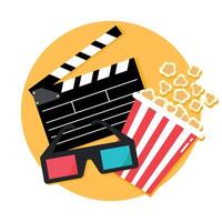 Cinema emblem with an open clapper board, popcorn bucket and 3d glasses. Round yellow background. illustration in flat style vector