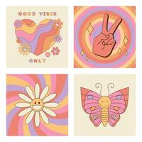 Set of groovy retro style cards with hippie symbols. Good vibes only slogan, daisy flower, butterfly, sunburst, twisted waves and peace sign vector