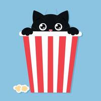 Cute black peeking cat. Cat is looking out of the popcorn bucket. Kitten hides and peeks. illustration vector