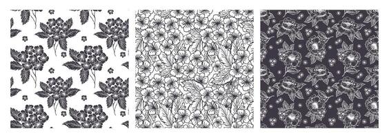 Spring hydrangea and peony silhouette and line art flower seamless pattern set with line art monochrome flower. Little flower background. vector