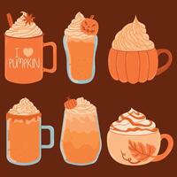 pumpkin latte set in beautiful mugs with cute decoration vector