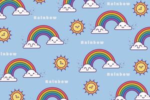 Rainbow, Cloud, and Sun Pattern. Rainbow, Sun and Cloud in Blue Background vector