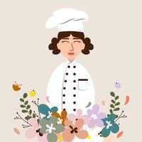 Illustration of smiling female chef with floral frame vector
