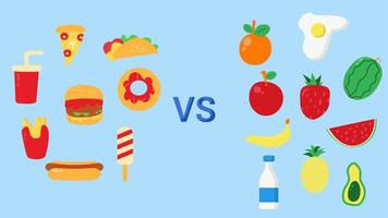 Comparison Junk Food vs Healthy Food 4k Animation is used for presentations, Health videos, food videos and others.