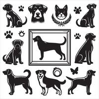 Print A collage of a dog a plant in an illustrated frame risograph silhouette white background vector