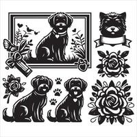 Print A collage of a dog a plant in an illustrated frame risograph silhouette white background vector