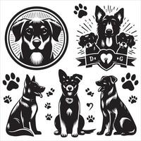Print A collage of a dog a plant in an illustrated frame risograph silhouette white background vector