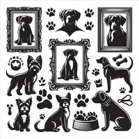 Print A collage of a dog a plant in an illustrated frame risograph silhouette white background vector