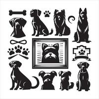 Print A collage of a dog a plant in an illustrated frame risograph silhouette white background vector