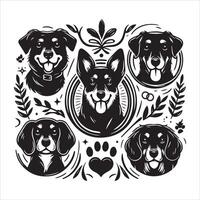 Print A collage of a dog a plant in an illustrated frame risograph silhouette white background vector