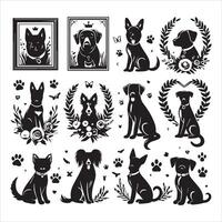 Print A collage of a dog a plant in an illustrated frame risograph silhouette white background vector