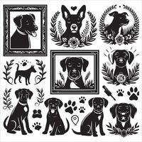 Print A collage of a dog a plant in an illustrated frame risograph silhouette white background vector