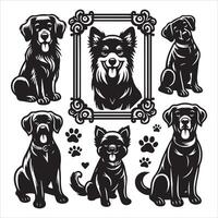 Print A collage of a dog a plant in an illustrated frame risograph silhouette white background vector