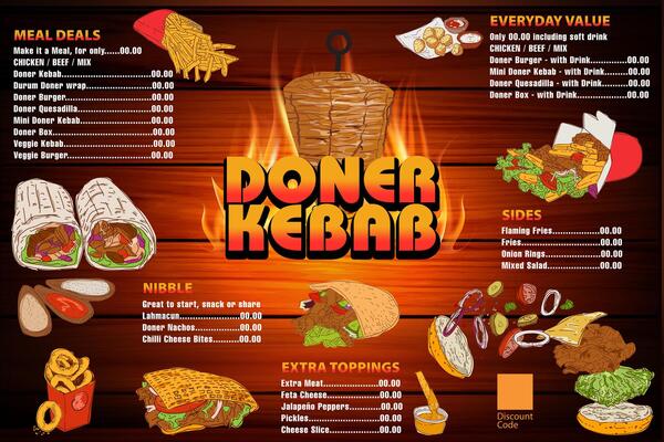Placemat menu restaurant Doner Kebab brochure.
