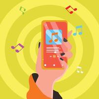hand holding a music application cellphone in a trendy style. visual background music. illustration vector