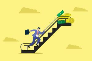 businessman trying to run up the ladder of success and achieve money and income. flat illustration vector