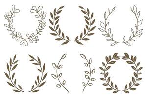 Set leafs and flowers frame decoration. Botanical branch, simple wreath and garland collection. Minimalistic border vector
