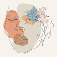 Abstract woman face with flower, leaves and colorful blobs. Line art. Elegant beauty logo. Outline female face in minimalistic style with botanical decor elements vector