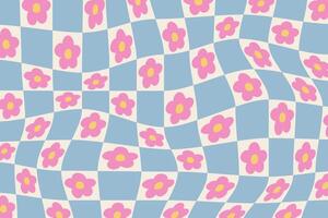 Groovy checkered pattern with daisy flowers. Trippy retro background in 60s-70s hippie aesthetic vector