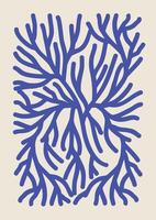 Botanical wall art blue coral branch drawing. Aesthetic doodle underwater 2d shapes. vector