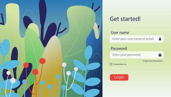 Login screen landing page design. Login ui ux online store design, email and password in flourish design vector