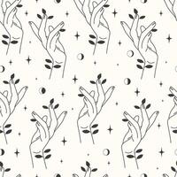 Female hands with botanical elements seamless pattern. With hand holding herb alchemy 2d art. vector