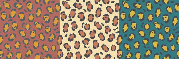 Abstract leopard fur seamless pattern set. Animals trendy background. Color decorative 2d art. vector