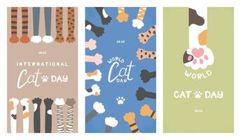 Set of images in story format for social media, with a greeting for World Cat Day. Cute cat paws of different colors and breeds. Bengal, sphynx, tabby, spotted, and solid-colored. vector