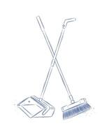 Flat broom and dustpan drawing in graphic style on light background vector