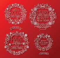 Decorative elements on Christmas theme for winter holidays in flat style, drawing with grey lines on red background vector