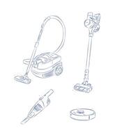 Vacuum cleaner set regular, cordless, robot, portable drawing in graphic style on light background vector