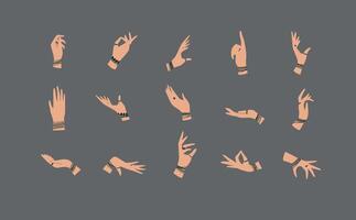 Hands with bracelets and rings in ethnical style in different positions to express feelings and emotions drawing on gray background vector