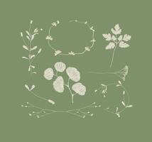 Branches and leaves silhouettes set drawing on green background vector