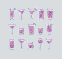 Alcohol drinks and cocktails icon set in flat line style on grey background. vector