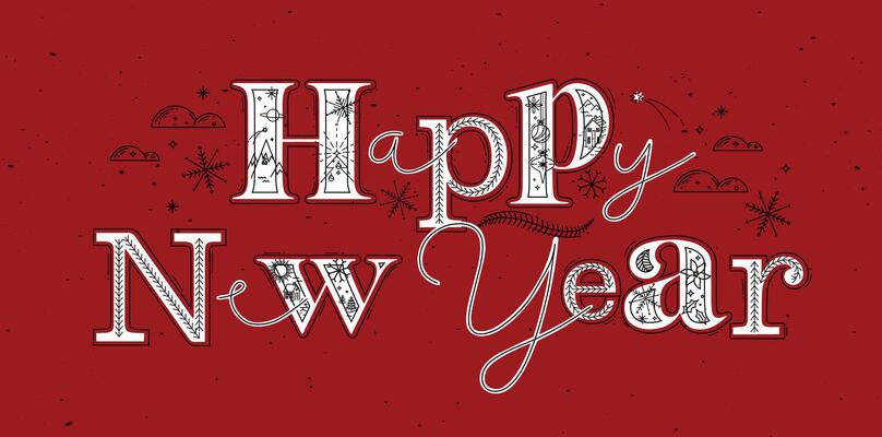 Christmas poster lettering happy new year drawing in graphic style on red background
